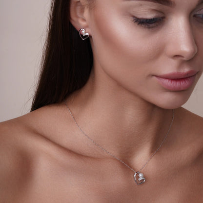 925 Sterling Silver Rhodium Plated Open Heart Pearl Earring and Pendant Set