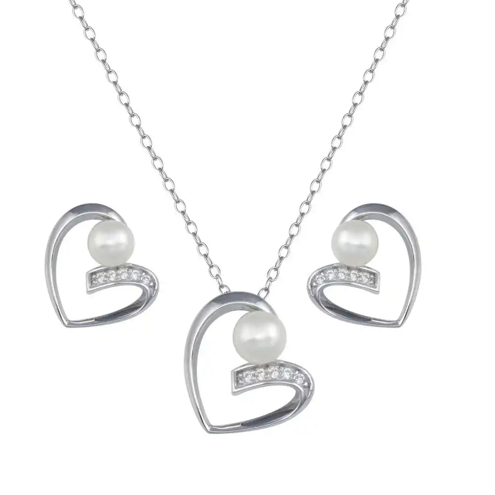 925 Sterling Silver Rhodium Plated Open Heart Pearl Earring and Pendant Set