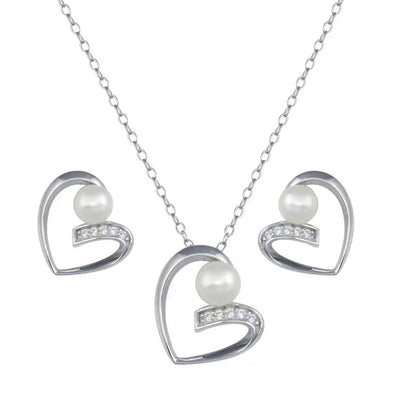 925 Sterling Silver Rhodium Plated Open Heart Pearl Earring and Pendant Set