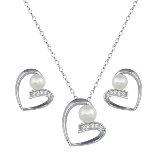 925 Sterling Silver Rhodium Plated Open Heart Pearl Earring and Pendant Set