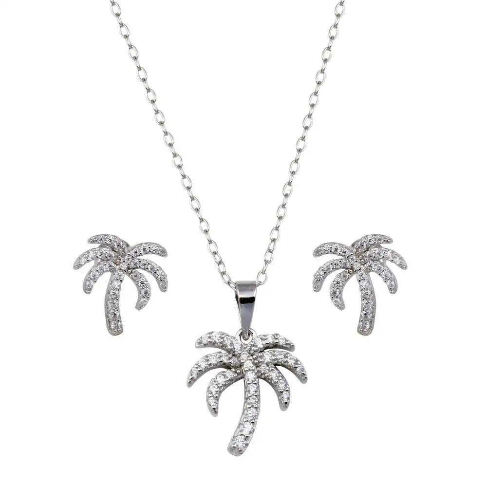 925 Sterling Silver Rhodium Plated Palm Tree CZ Earring and Pendant Set