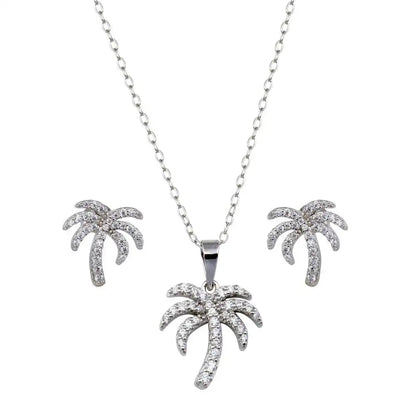 925 Sterling Silver Rhodium Plated Palm Tree CZ Earring and Pendant Set