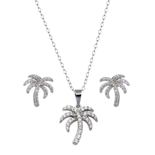 925 Sterling Silver Rhodium Plated Palm Tree CZ Earring and Pendant Set