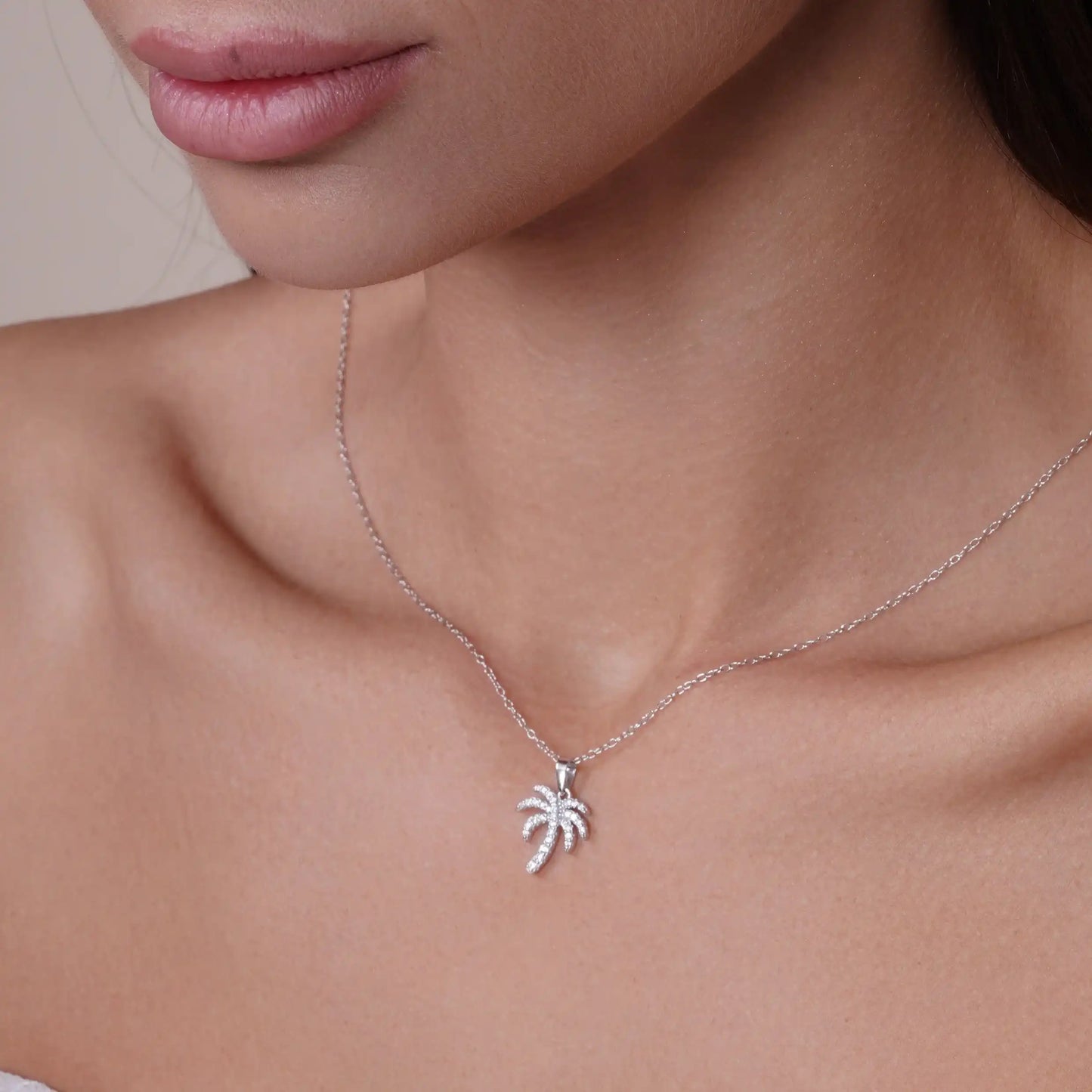 925 Sterling Silver Rhodium Plated Palm Tree CZ Earring and Pendant Set