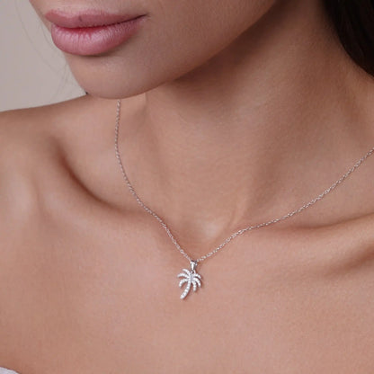 925 Sterling Silver Rhodium Plated Palm Tree CZ Earring and Pendant Set
