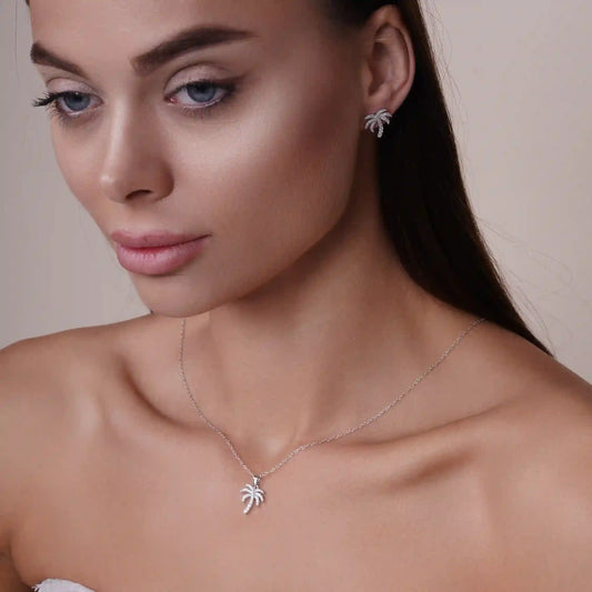 925 Sterling Silver Rhodium Plated Palm Tree CZ Earring and Pendant Set