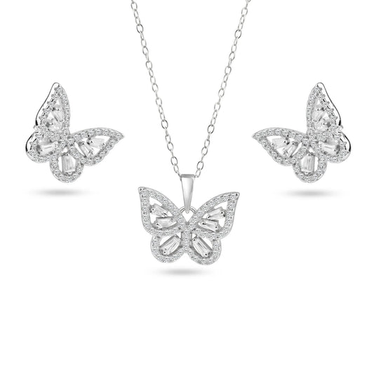 925 Sterling Silver Rhodium Butterfly Clear Baguette CZ Earring and Pendant Set