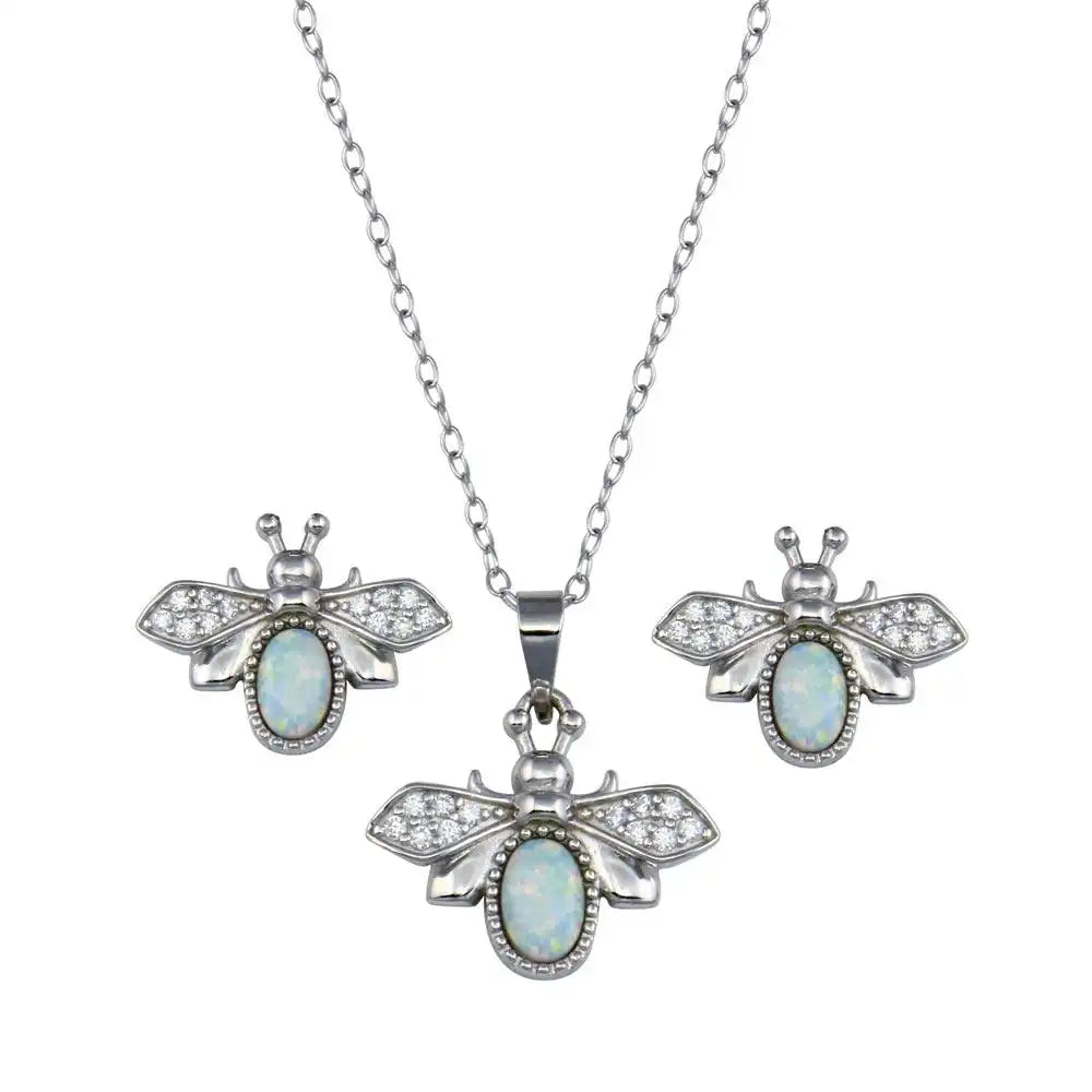925 Sterling Silver Rhodium Plated Opal and Clear Bumblebee Earring and Pendant Set