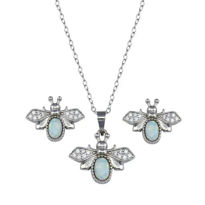 925 Sterling Silver Rhodium Plated Opal and Clear Bumblebee Earring and Pendant Set