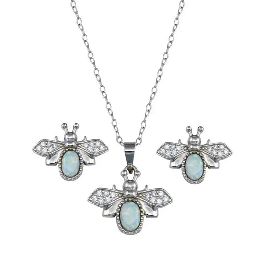925 Sterling Silver Rhodium Plated Opal and Clear Bumblebee Earring and Pendant Set