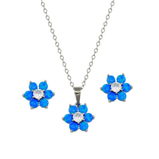 925 Sterling Silver Rhodium Plated Blue Opal and Clear CZ Flower Earring and Pendant Set