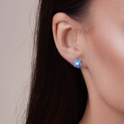 925 Sterling Silver Rhodium Plated Blue Opal and Clear CZ Flower Earring and Pendant Set