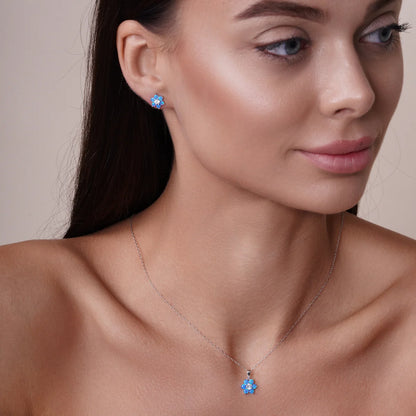 925 Sterling Silver Rhodium Plated Blue Opal and Clear CZ Flower Earring and Pendant Set