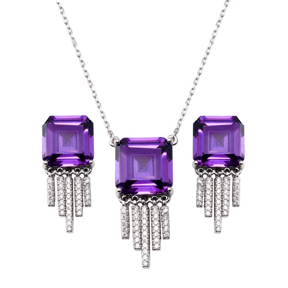 925 Sterling Silver Rhodium Plated Square Halo Amethyst Dangling Clear CZ Earring and Pendant Set