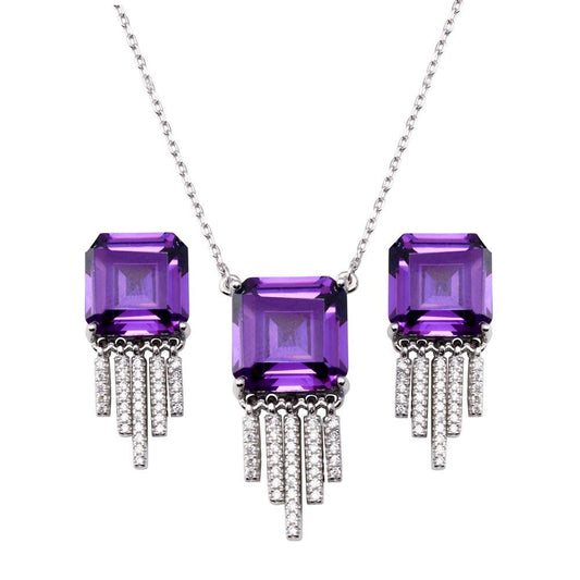 925 Sterling Silver Rhodium Plated Square Halo Amethyst Dangling Clear CZ Earring and Pendant Set