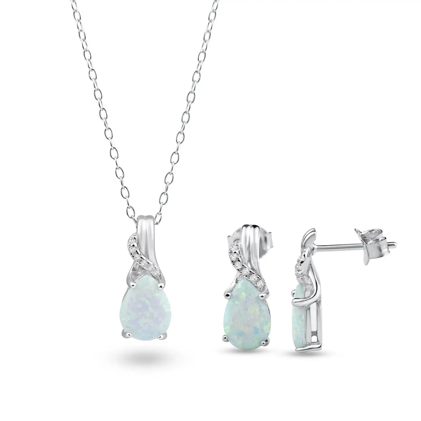 925 Sterling Silver Rhodium Plated Teardrop Opal and Clear CZ Earring and Pendant Set