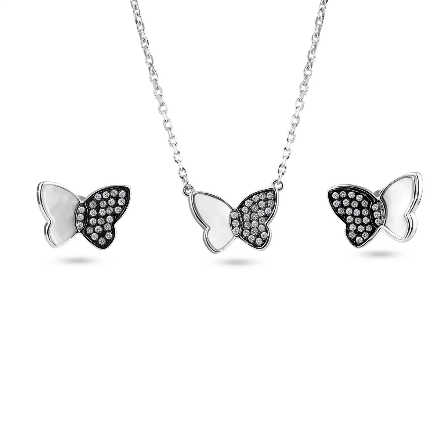 925 Sterling Silver Rhodium Butterfly Clear CZ and Mother of Pearl Earring and Pendant Set
