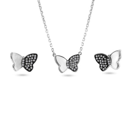 925 Sterling Silver Rhodium Butterfly Clear CZ and Mother of Pearl Earring and Pendant Set
