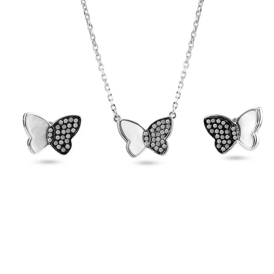 925 Sterling Silver Rhodium Butterfly Clear CZ and Mother of Pearl Earring and Pendant Set