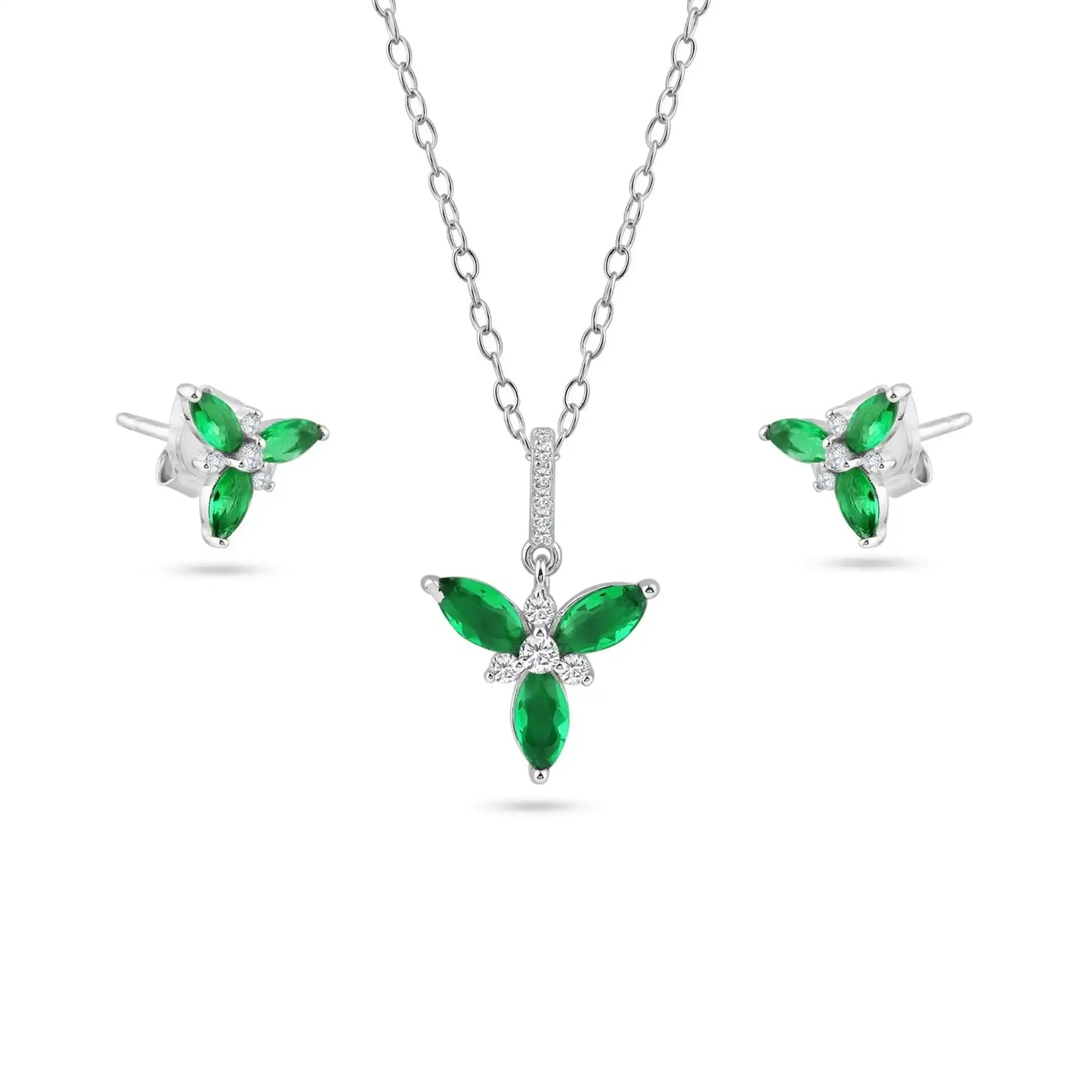 925 Sterling Silver Rhodium Flower Green and Clear CZ Earring and Pendant Set