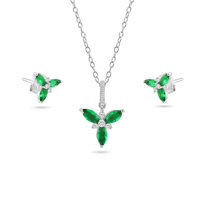 925 Sterling Silver Rhodium Flower Green and Clear CZ Earring and Pendant Set
