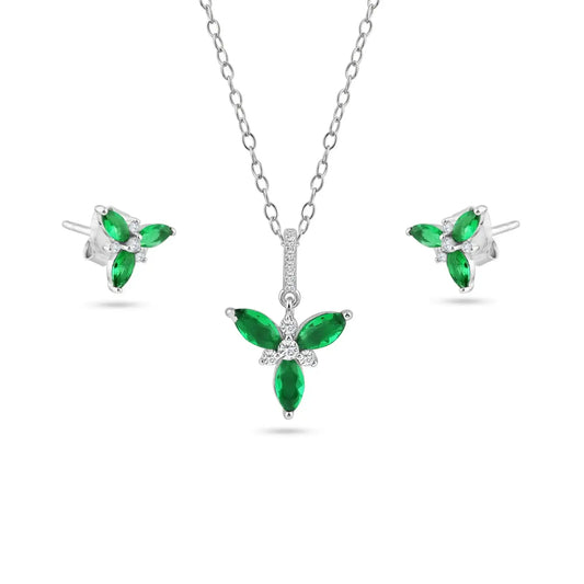 925 Sterling Silver Rhodium Flower Green and Clear CZ Earring and Pendant Set