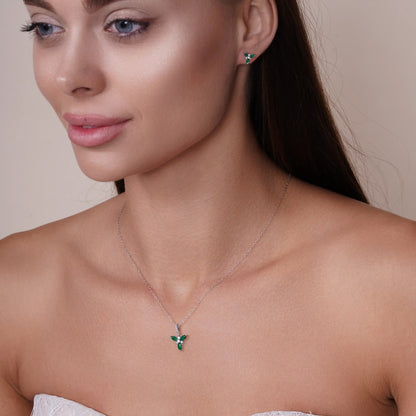 925 Sterling Silver Rhodium Flower Green and Clear CZ Earring and Pendant Set