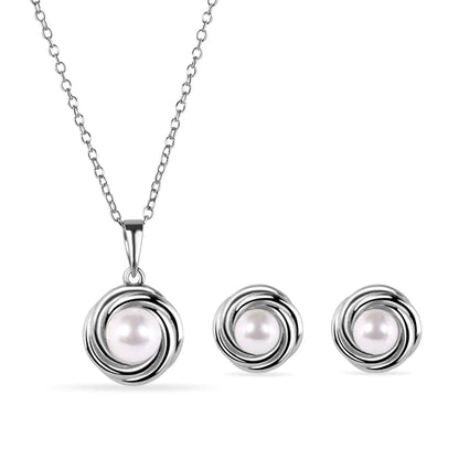 925 Sterling Silver Rhodium Plated Round Swirl Design Syntethic Mother of Pearl Necklace and Stud Earring Matching Set