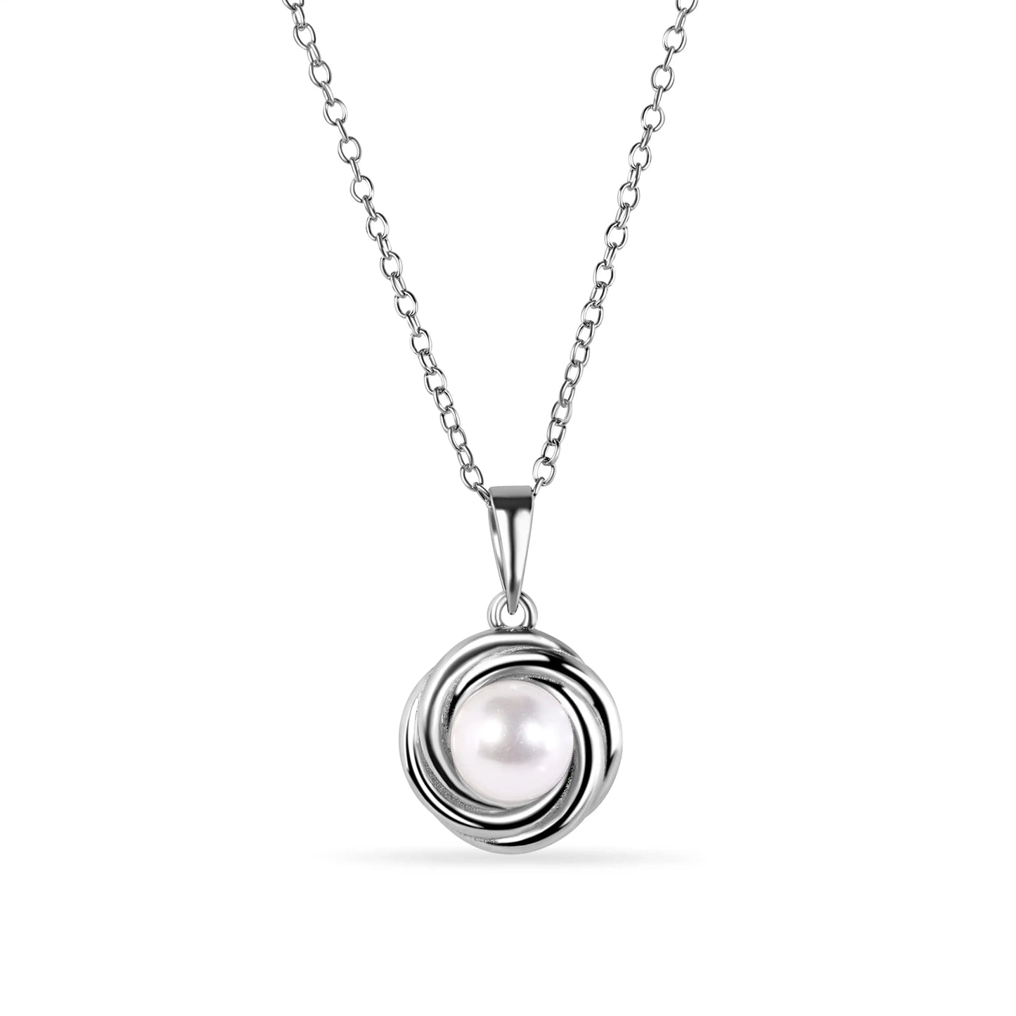 925 Sterling Silver Rhodium Plated Round Swirl Design Syntethic Mother of Pearl Necklace and Stud Earring Matching Set