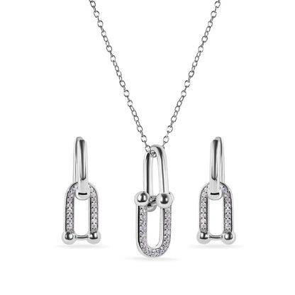 925 Sterling Silver Rhodium Plated Round Bow Paperclip Clear CZ Necklace and Hoop Earring Matching Set