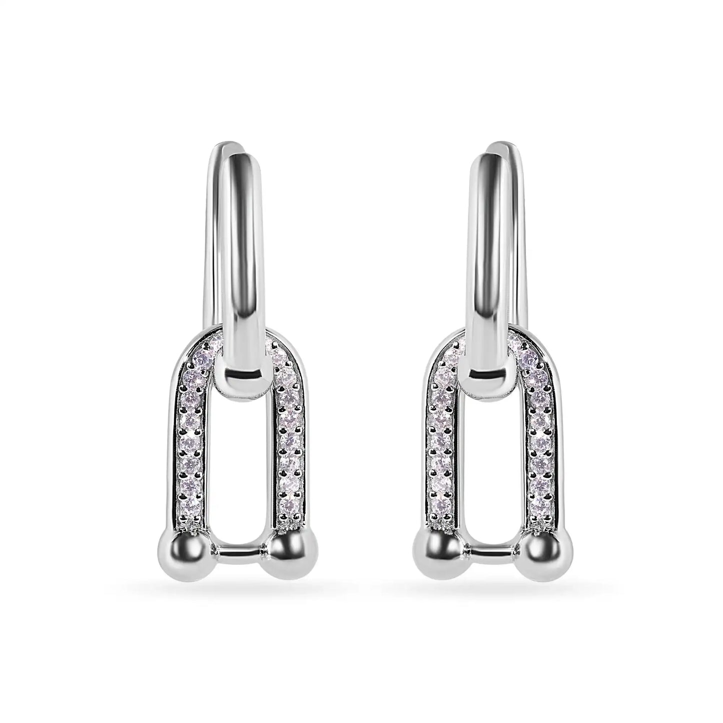 925 Sterling Silver Rhodium Plated Round Bow Paperclip Clear CZ Necklace and Hoop Earring Matching Set