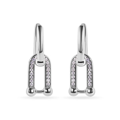 925 Sterling Silver Rhodium Plated Round Bow Paperclip Clear CZ Necklace and Hoop Earring Matching Set