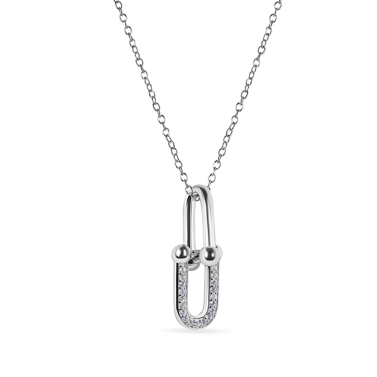 925 Sterling Silver Rhodium Plated Round Bow Paperclip Clear CZ Necklace and Hoop Earring Matching Set
