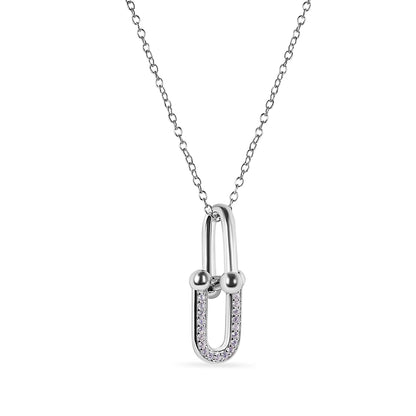 925 Sterling Silver Rhodium Plated Round Bow Paperclip Clear CZ Necklace and Hoop Earring Matching Set