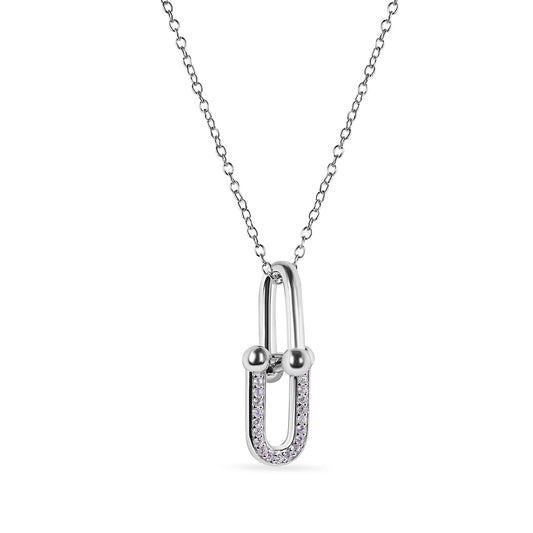925 Sterling Silver Rhodium Plated Round Bow Paperclip Clear CZ Necklace and Hoop Earring Matching Set