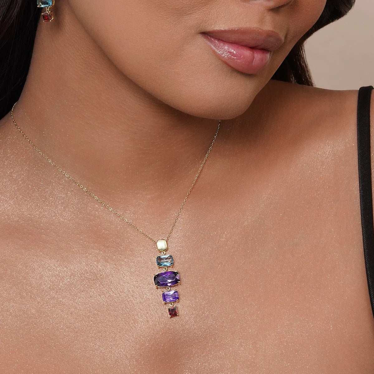 925 Sterling Silver Gold Plated Dangling Multi Color Baguette Cut CZ Necklace and Stud Earring