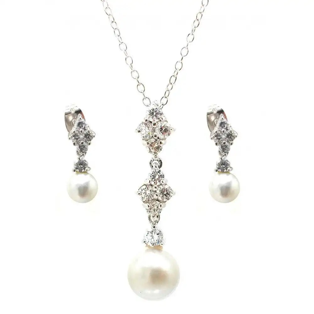 925 Sterling Silver Rhodium Plated Ornate Pearl Clear CZ Stud Dangling Earring and Dangling Necklace Set