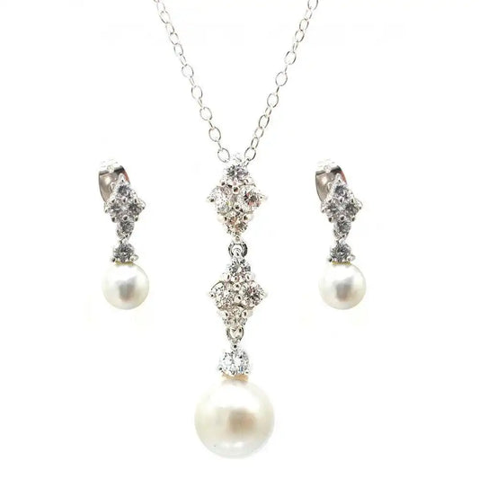 925 Sterling Silver Rhodium Plated Ornate Pearl Clear CZ Stud Dangling Earring and Dangling Necklace Set