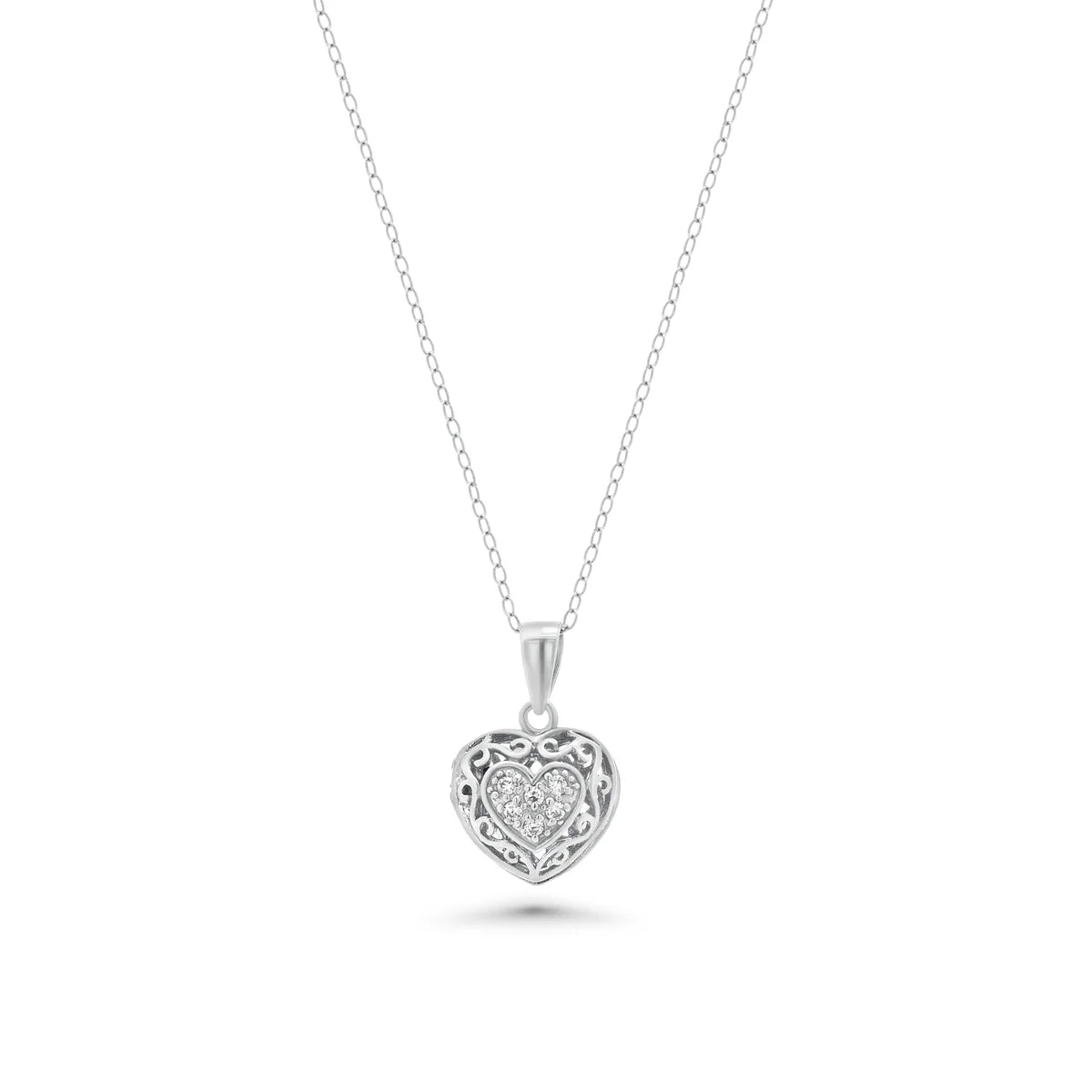 925 Silver Clear CZ Rhodium Plated Heart Locket Pendant Necklace