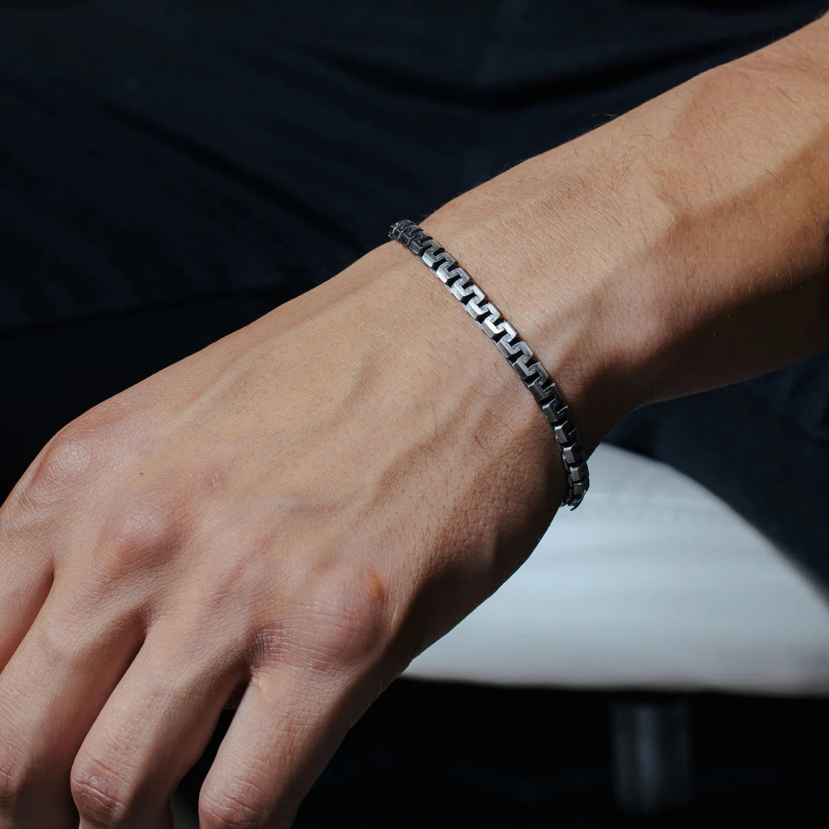 925 Sterling Gun Metal Plated Finish Box DC Flat Greek Box Link Bracelet