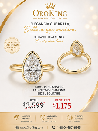 Women's 14K Gold Certified Lab-Grown Diamond Bezel Set Pear Shaped Engagement Ring 3.10ct. TDW