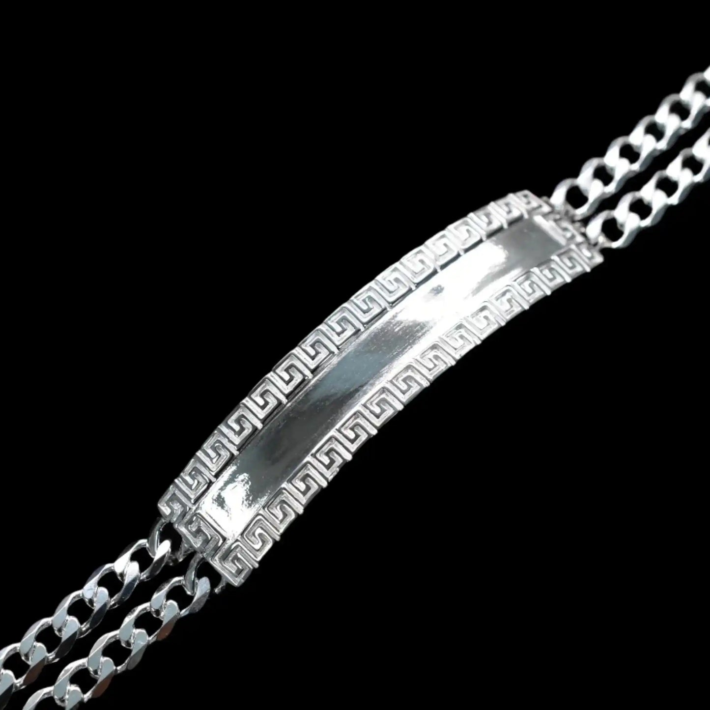 925 Sterling Silver Two Strand Curb 9.2mm Greek Key ID Bracelet