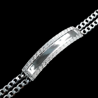 925 Sterling Silver Two Strand Curb 9.2mm Greek Key ID Bracelet