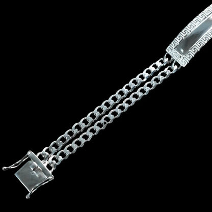 925 Sterling Silver Two Strand Curb 9.2mm Greek Key ID Bracelet