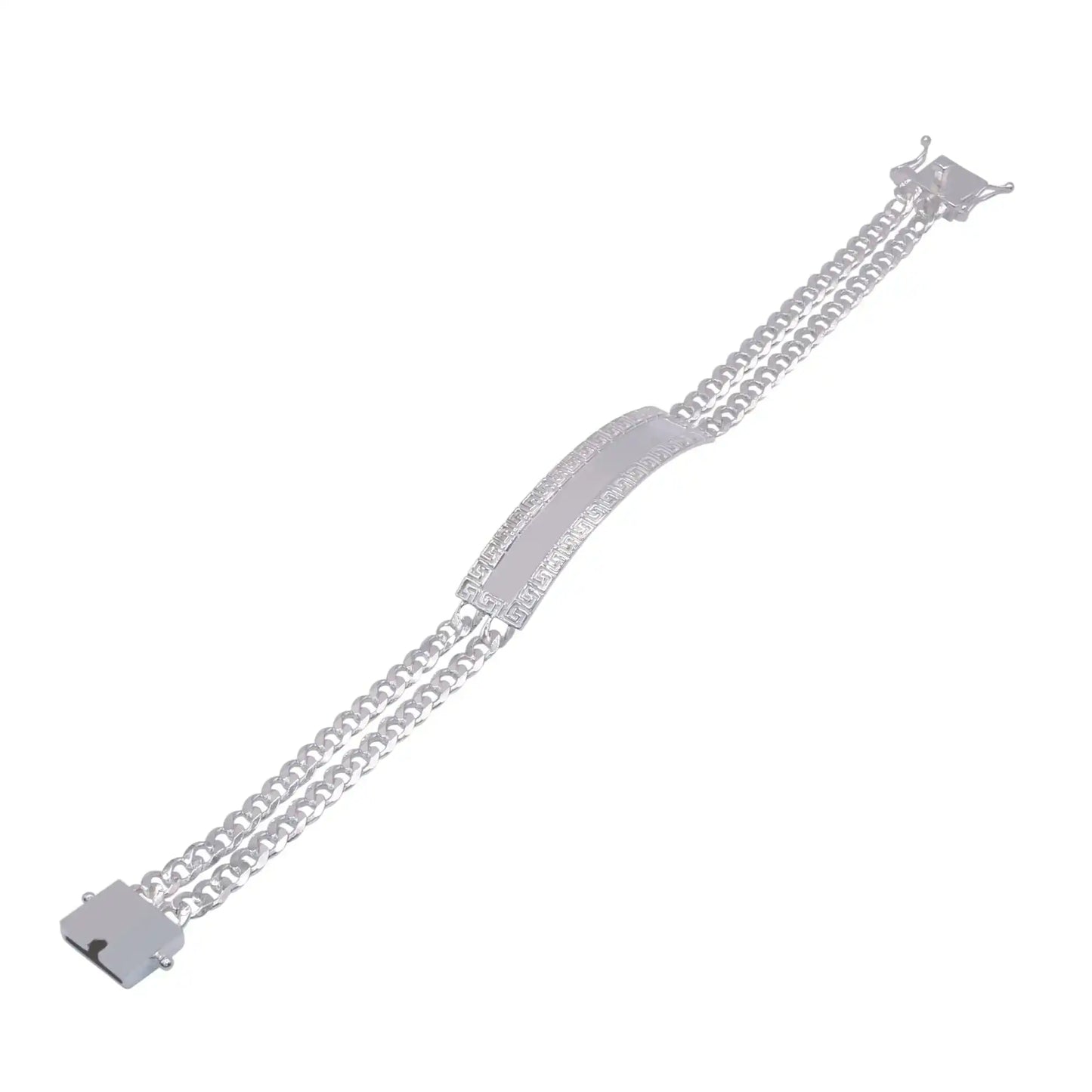 925 Sterling Silver Two Strand Curb 9.2mm Greek Key ID Bracelet