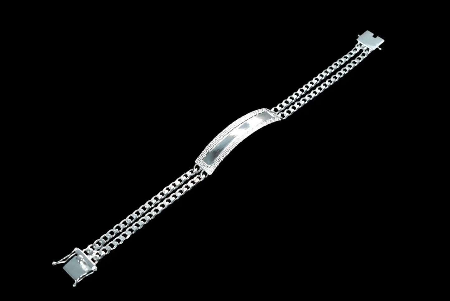 925 Sterling Silver Two Strand Curb 9.2mm Greek Key ID Bracelet
