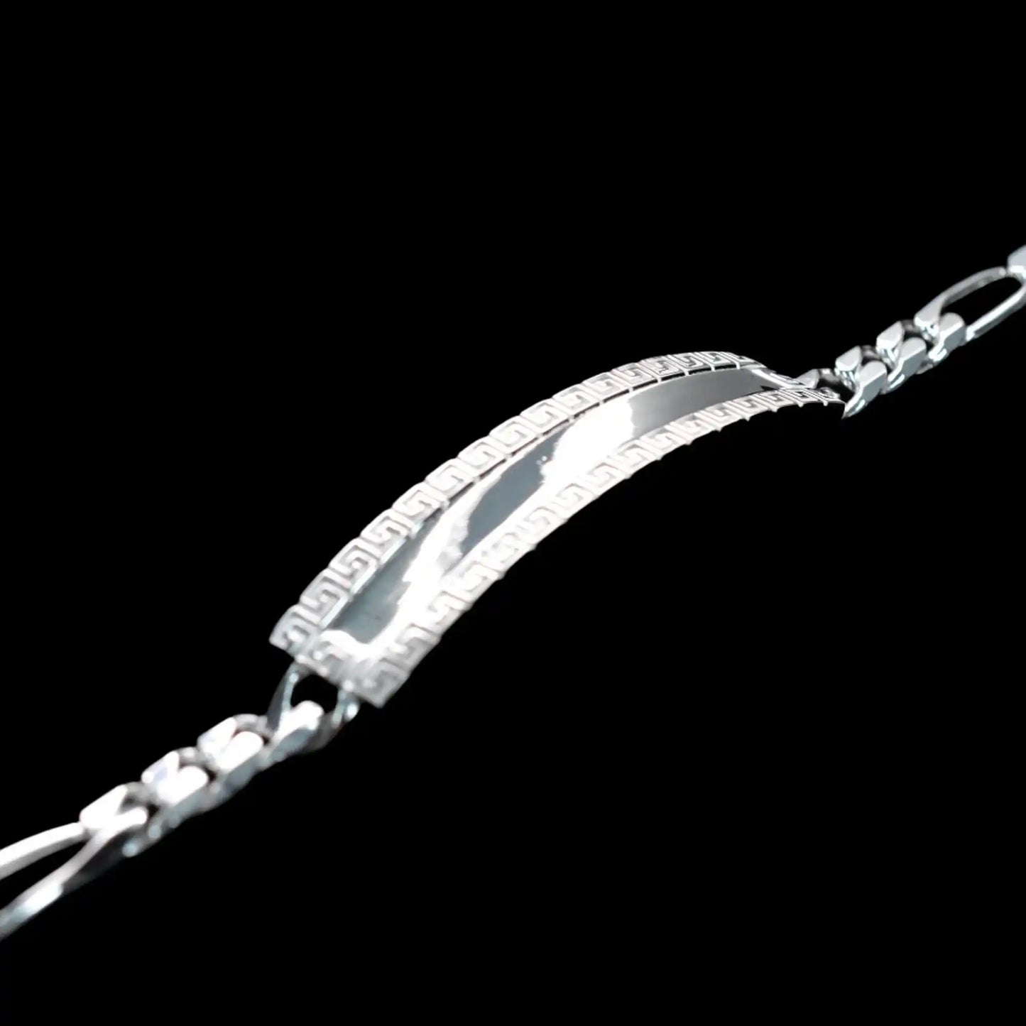 925 Sterling Silver Figaro 6.8mm Greek Key ID Bracelet