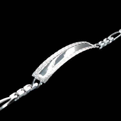 925 Sterling Silver Figaro 6.8mm Greek Key ID Bracelet
