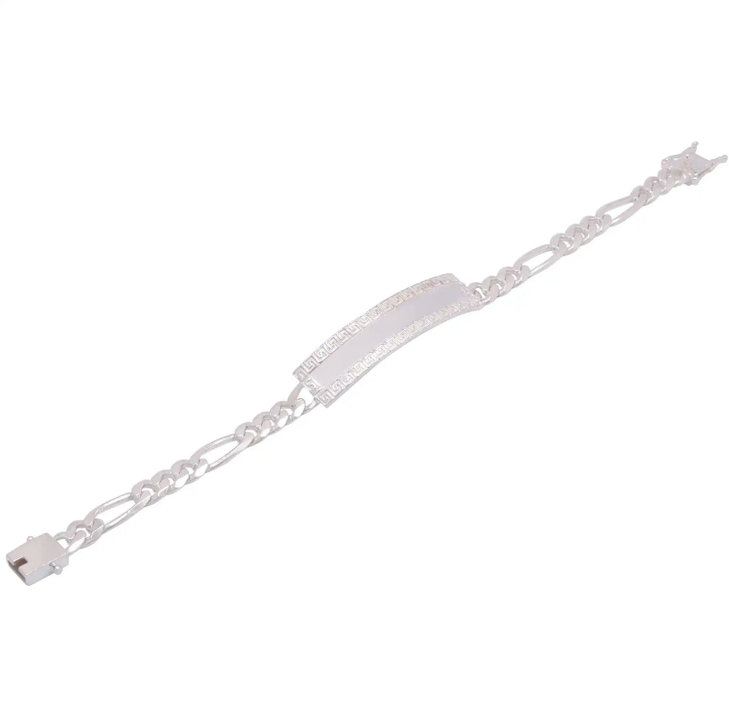 925 Sterling Silver Figaro 6.8mm Greek Key ID Bracelet