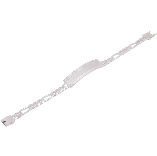 925 Sterling Silver Figaro 6.8mm Greek Key ID Bracelet